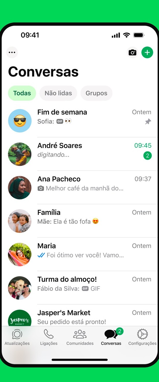 Aba oficial Conversas do WhatsApp, com os filtros Todas, Não lidas e Grupos