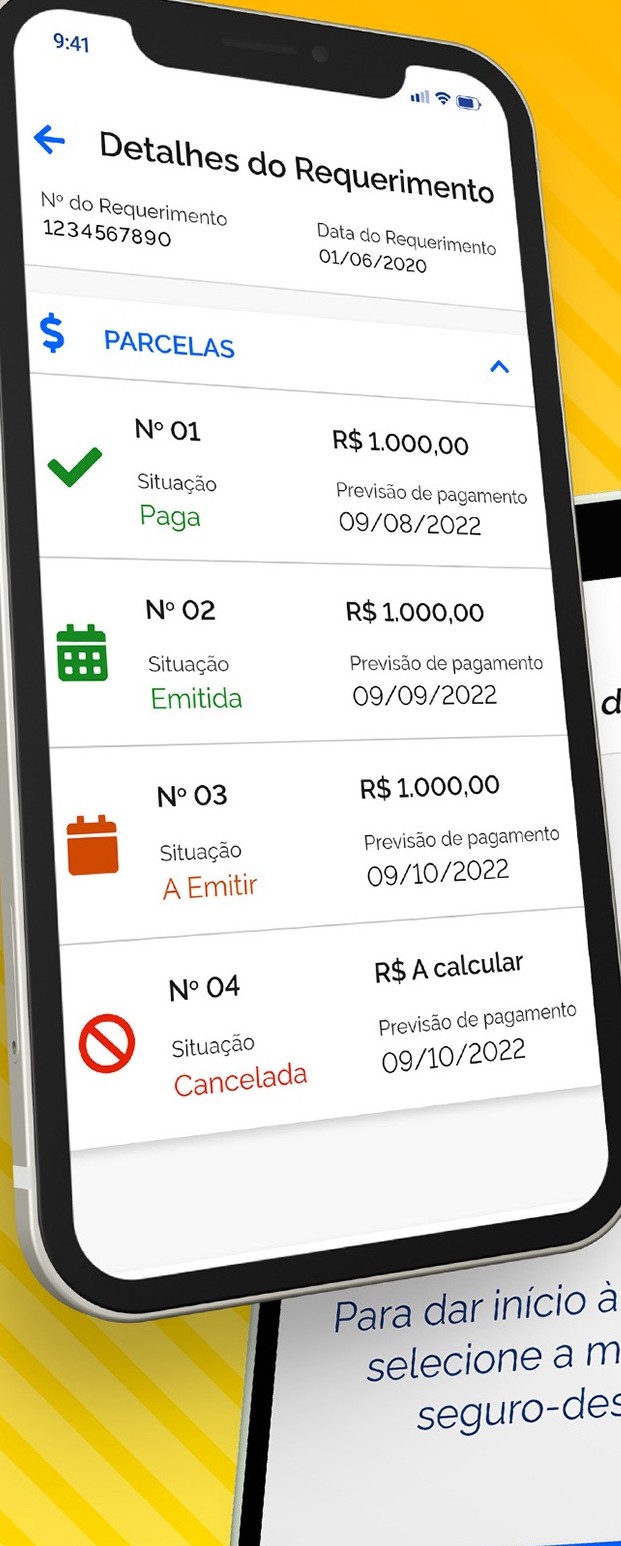 Detalhes do requerimento de seguro-desemprego, com parcelas Paga, Emitida, A Emitir e Cancelada