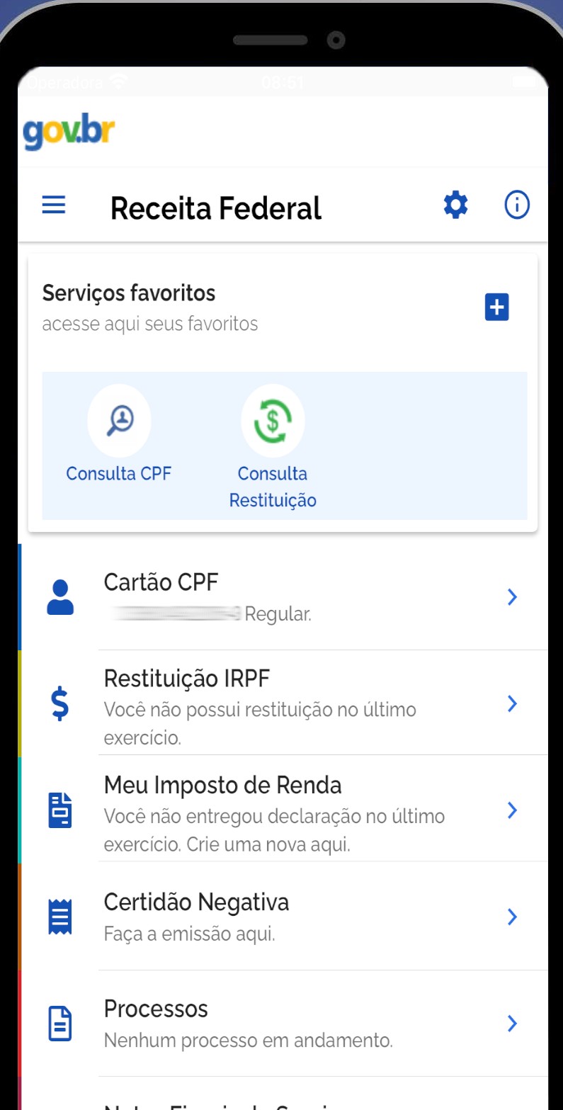 Home logada do app Receita Federal, com Restituição IRPF, Meu Imposto de Renda e Certidão Negativa