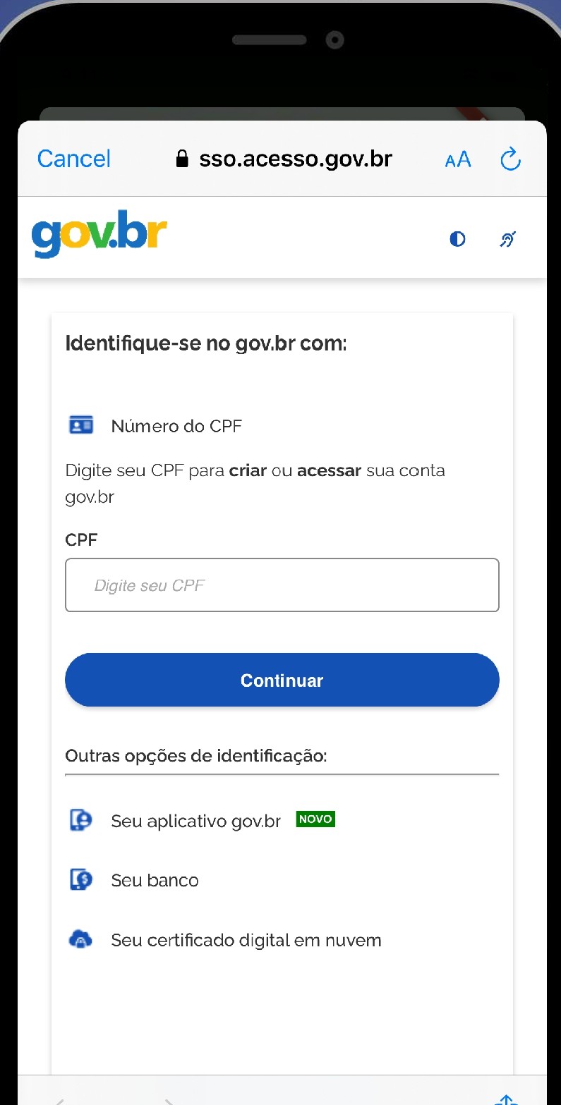 Tela oficial Identifique-se no gov.br aberta pelo app da Receita Federal