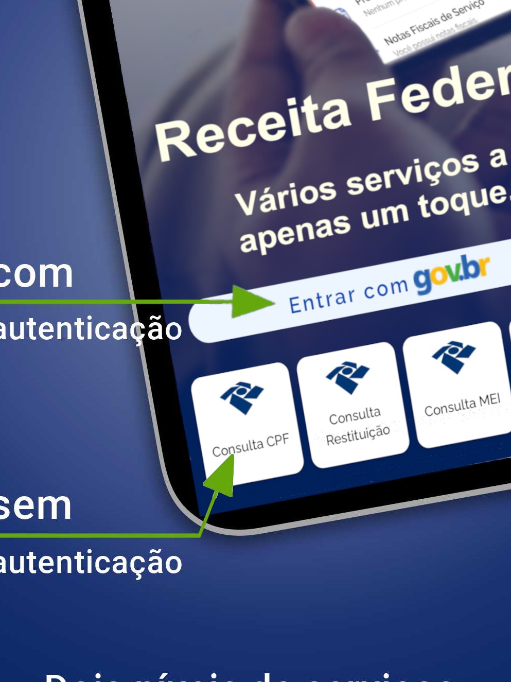 Print oficial do app da Receita explicando serviços com e sem autenticação gov.br