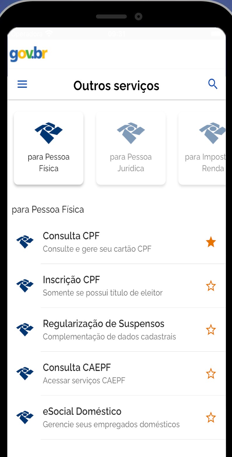 Tela Outros serviços do app da Receita, com Consulta CPF e Regularização de Suspensos