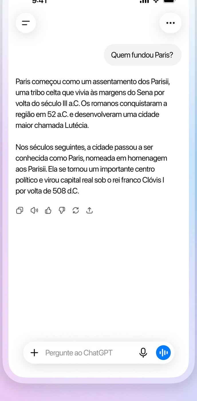 Tela oficial do ChatGPT respondendo a pergunta Quem fundou Paris?, com o campo Pergunte ao ChatGPT