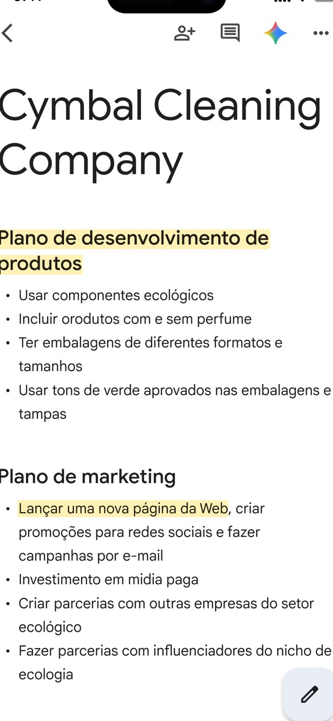 Documento aberto no Google Docs, com títulos e listas editáveis