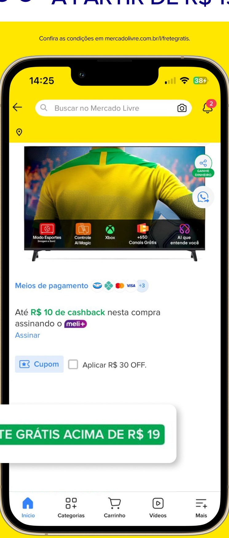 App Mercado Livre com produto, pagamento e Meli+
