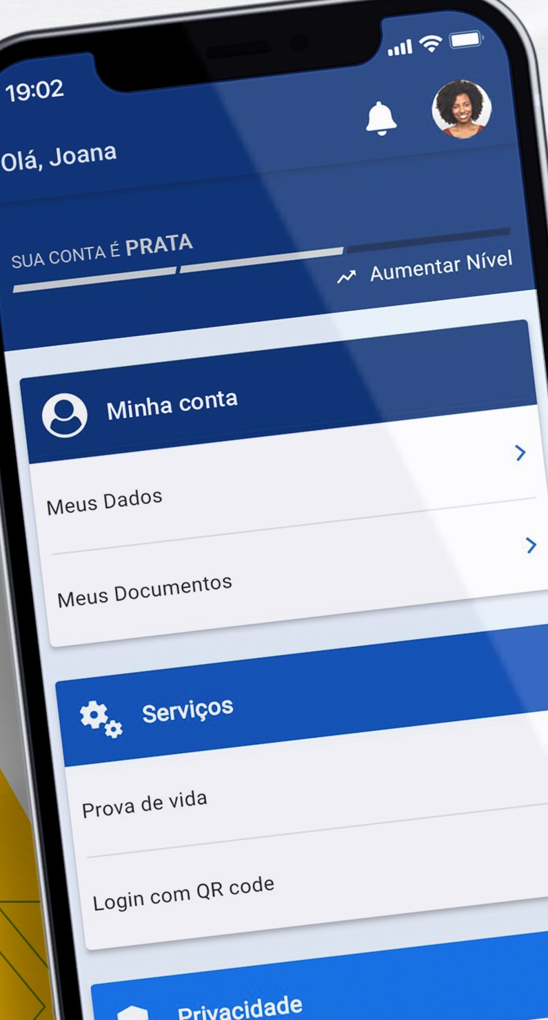 Home do app gov.br com conta PRATA, Meus Dados, Meus documentos e Prova de vida